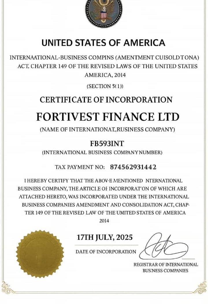 Certificate of Incorporation - Fortivest Finance Ltd